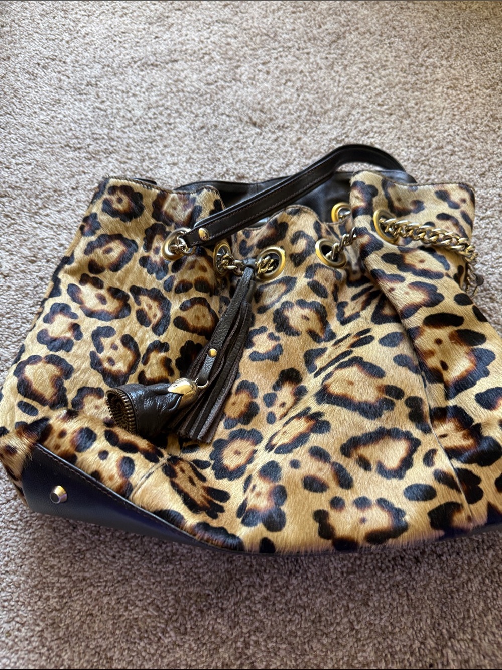Leopard Print Drawstring Shoulder Bag with Tassel - Brown/Black